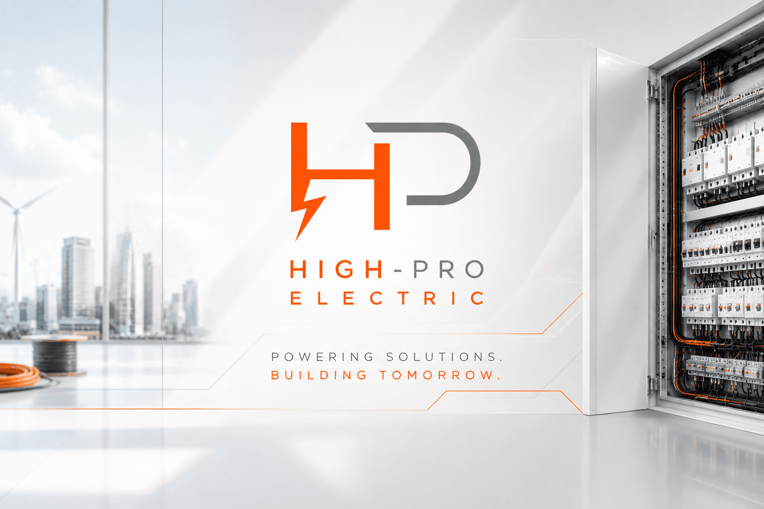 High-Pro Electric logo on a white wall beside an open electrical panel and city skyline.
